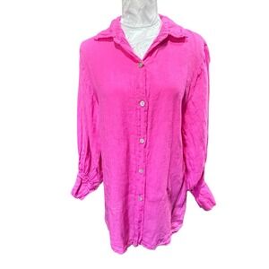 Womens Alexandre Laurent Paris Pink Linen Button Down Shirt Puff Sleeve Sz M*